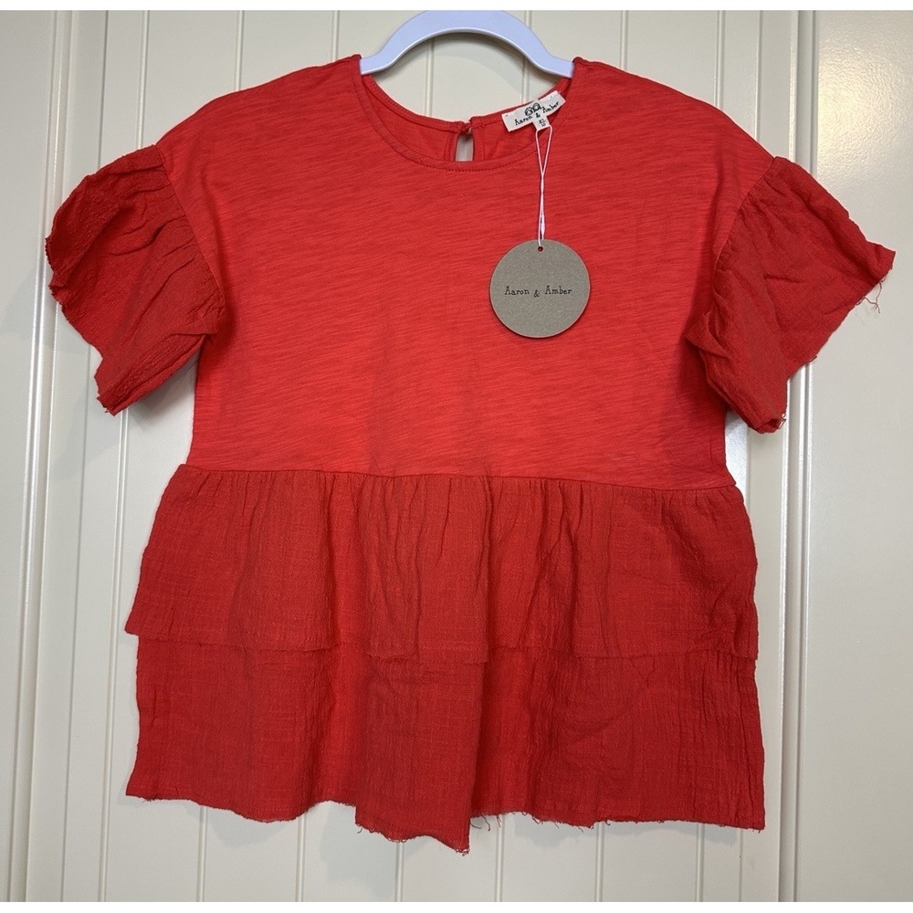 Aaron & Amber girls short sleeve cotton tiered boho shirt blouse sz XL‎ 10 NWT